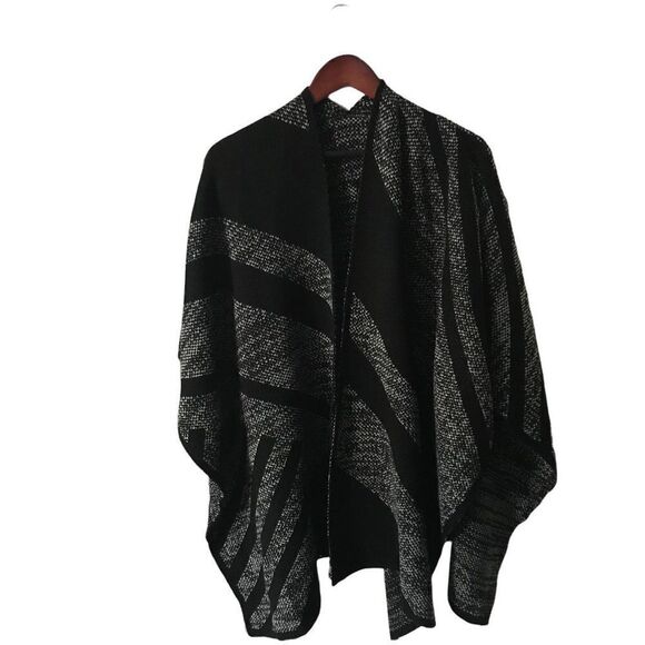 Open Front Knit Black Grey Gray Poncho Cardigan Sweater One Size Boho Western - Picture 4 of 4